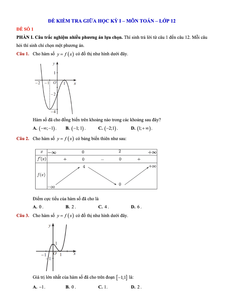 [Toán 12-GK1] 08 đề kiểm tra giữa học kỳ 1 Toán 12 cấu trúc trắc nghiệm mới