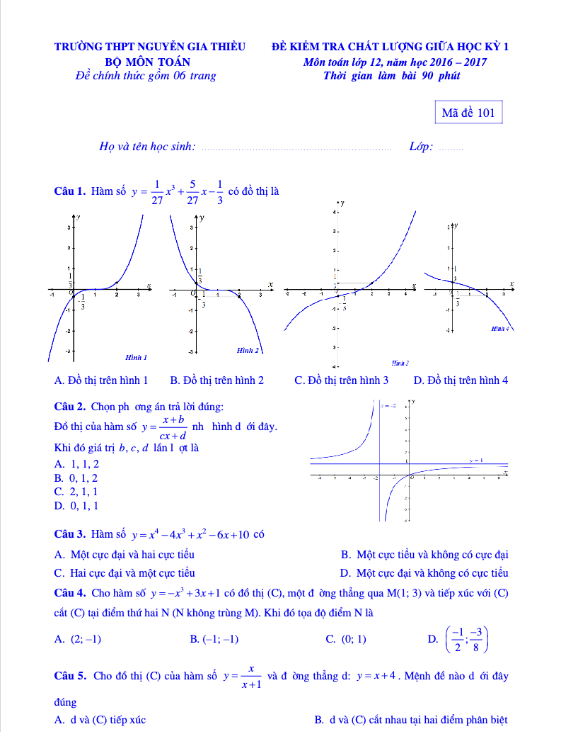 [Toán 12-GK1] 12 đề kiểm tra chất lượng giữa HKI môn Toán 12 trường Nguyễn Gia Thiều – Hà Nội