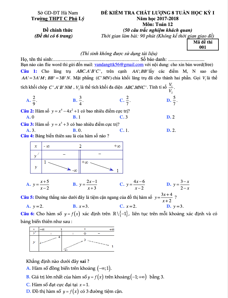 [Toán 12-GK1] Đề kiểm tra chất lượng 8 tuần học kỳ I năm học 2017 – 2018 môn Toán 12 trường THPT C Phủ Lý – Hà Nam
