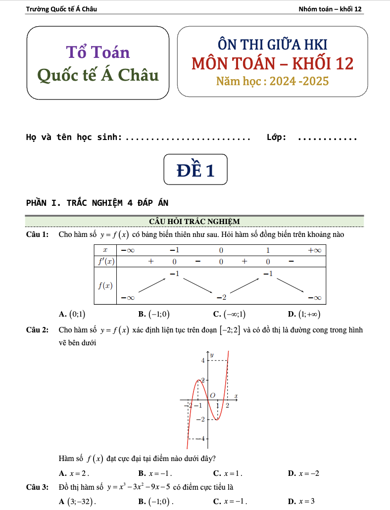 [Toán 12-GK1] Đề ôn thi giữa HK1 Toán 12 năm 2024 – 2025 trường Quốc tế Á Châu – TP HCM