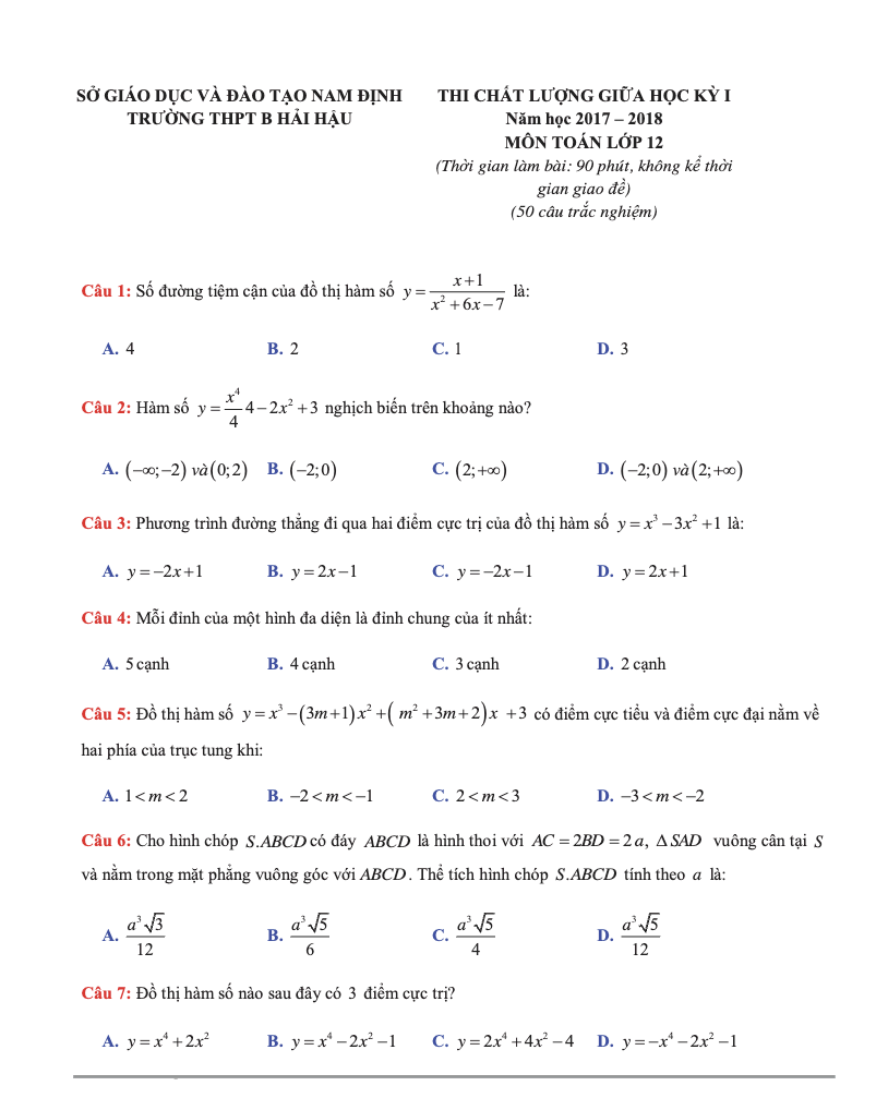 [Toán 12-GK1] Đề thi chất lượng giữa HKI năm học 2017 – 2018 môn Toán 12 trường THPT B Hải Hậu – Nam Định